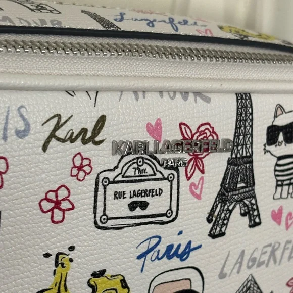 Karl Lagerfeld Paris Crossbody Bag Paris Print Cream Logo Strap Adjustable NWT - Picture 9 of 14